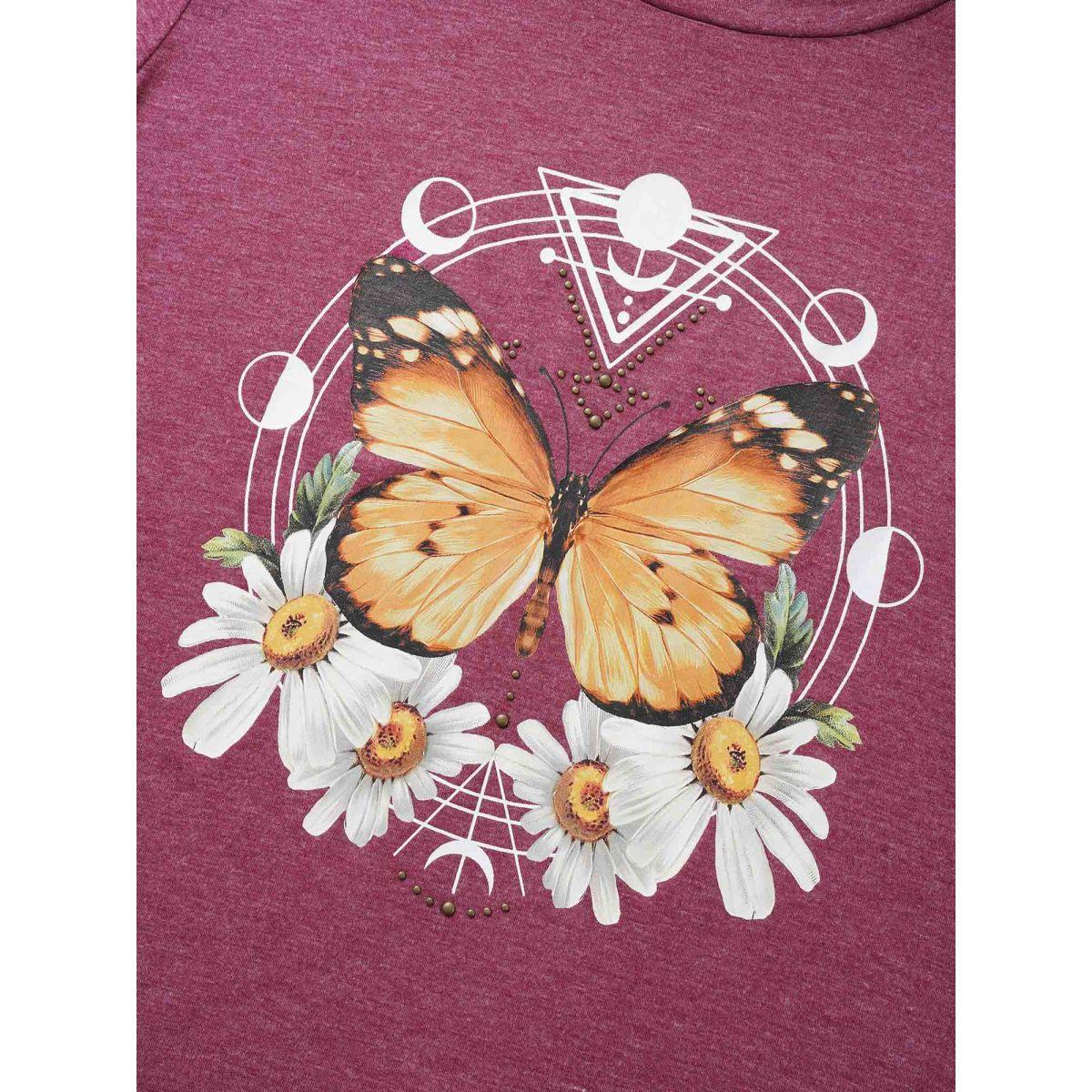 Plus Size Natural Flowers & Butterfly Print Rhinestone T-shirt Burgundy Women Casual Rhinestone detailing Animals Everyday T-shirts BloomChic 10/M Product Image