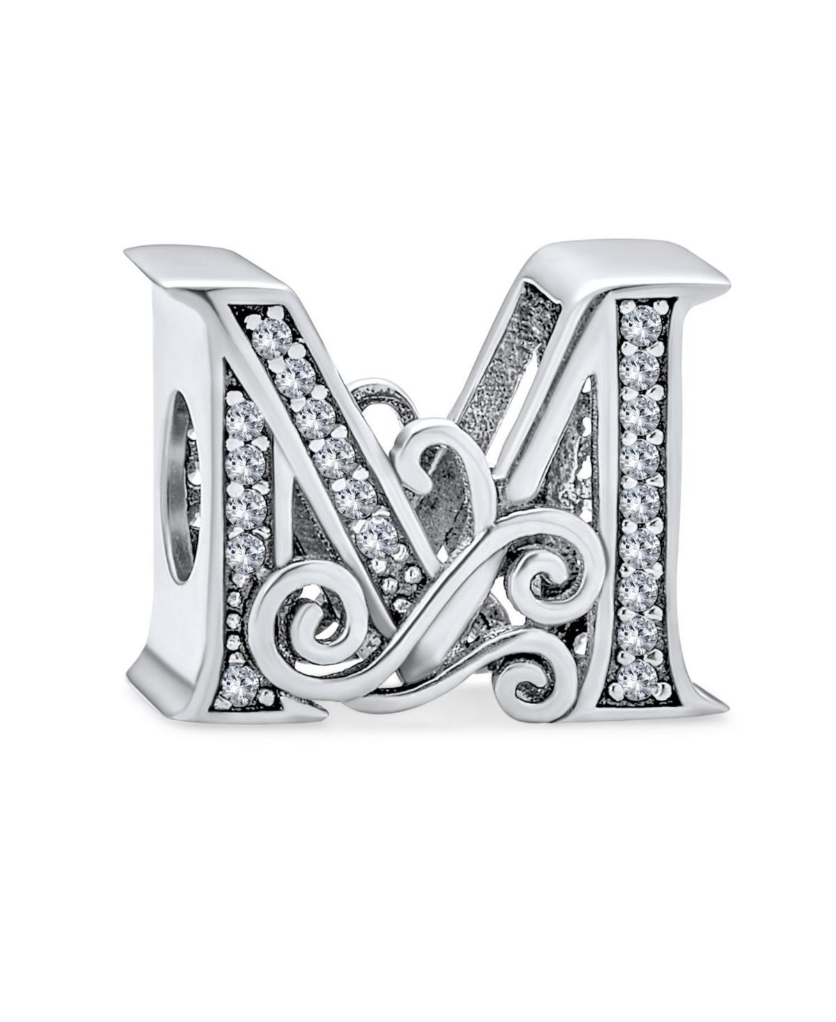 Bling Jewelry Fancy Scroll Cz Sparkle Block Letter A-z Alphabet Initial Charm Bead For Women Shiny .925 Sterling Silver For European Bracelet - Silver Product Image