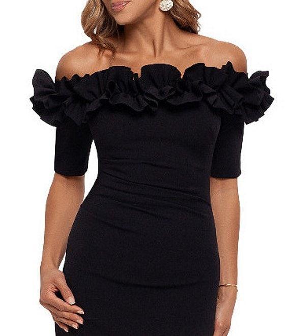 Xscape Ruffled Off-the-Shoulder Short Sleeve Crepe Sheath Gown Product Image