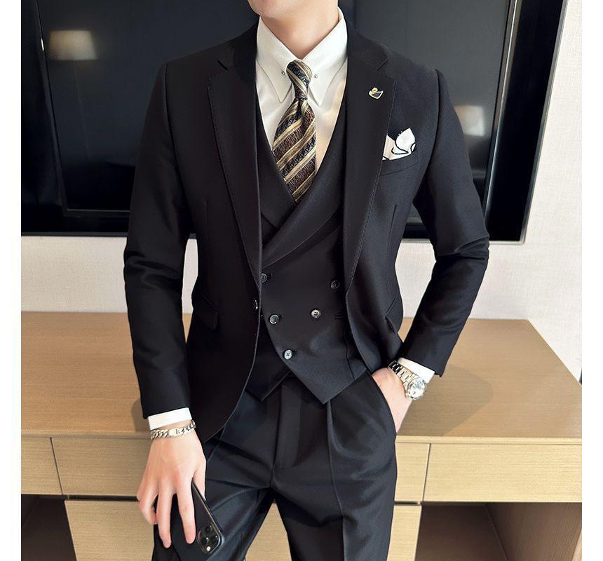 Set: V-Neck Plain Double-Breasted Vest + Double-Breasted Blazer + High Waist Straight Leg Dress Pants Product Image