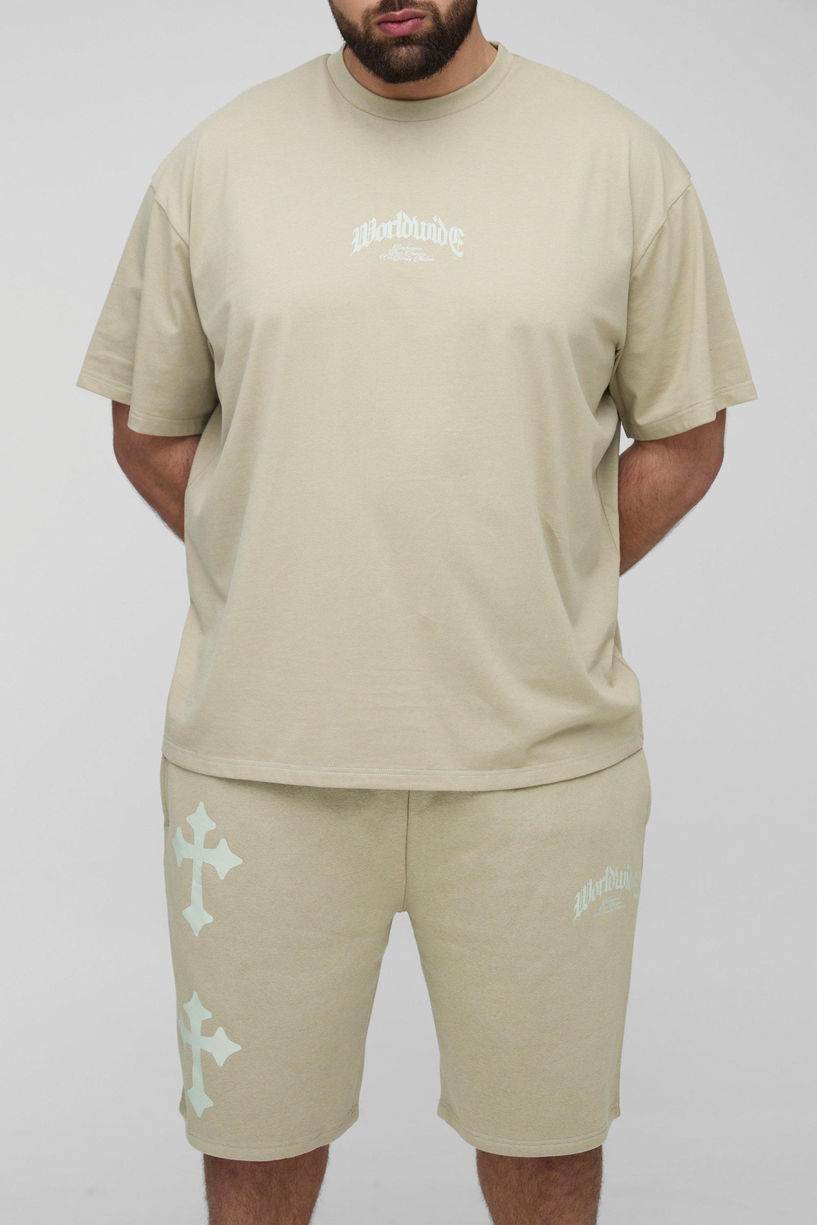 Plus Oversized Worldwide Cross Print T-Shirt & Short Set | boohooMAN USA Product Image