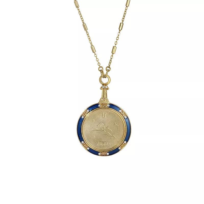 1928 Gold Tone Blue Enamel & Clear Crystal Zodiac Pendant Necklace, Womens, Leo Product Image