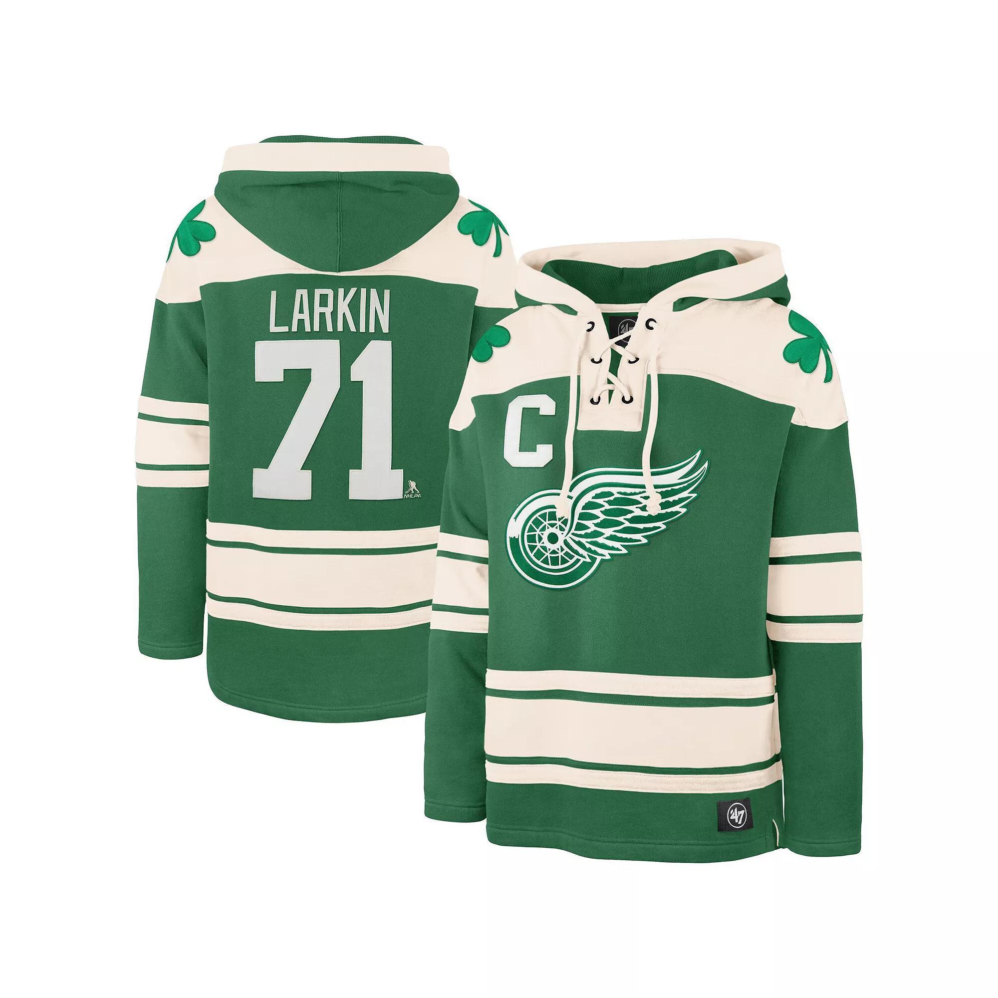 Men's '47 Dylan Larkin Kelly Green Detroit Red Wings St. Patrick's Day Player Name & Number Lacer Pullover Hoodie,  Product Image