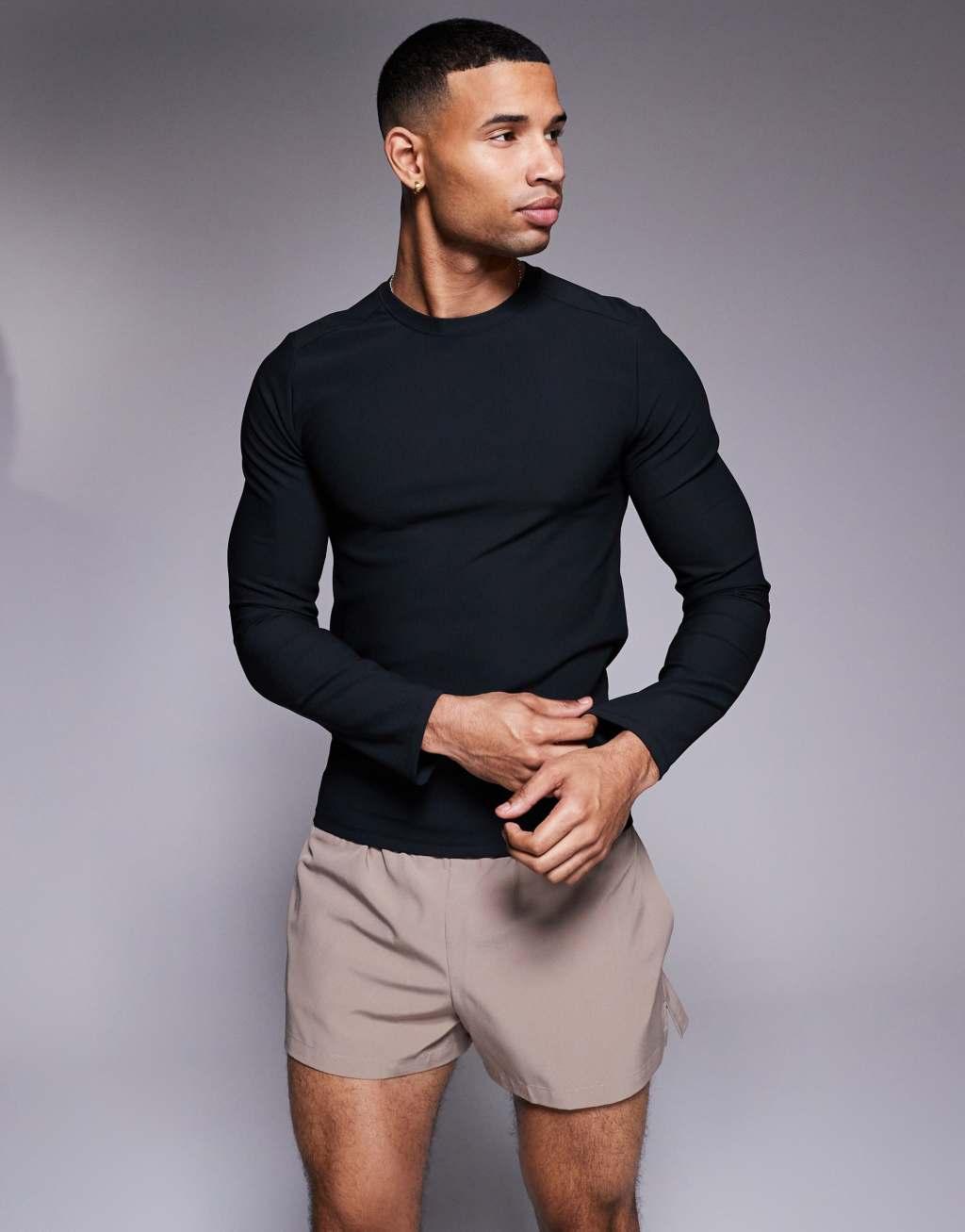 ASOS 4505 active rib slim fit long sleeve training top in black Product Image