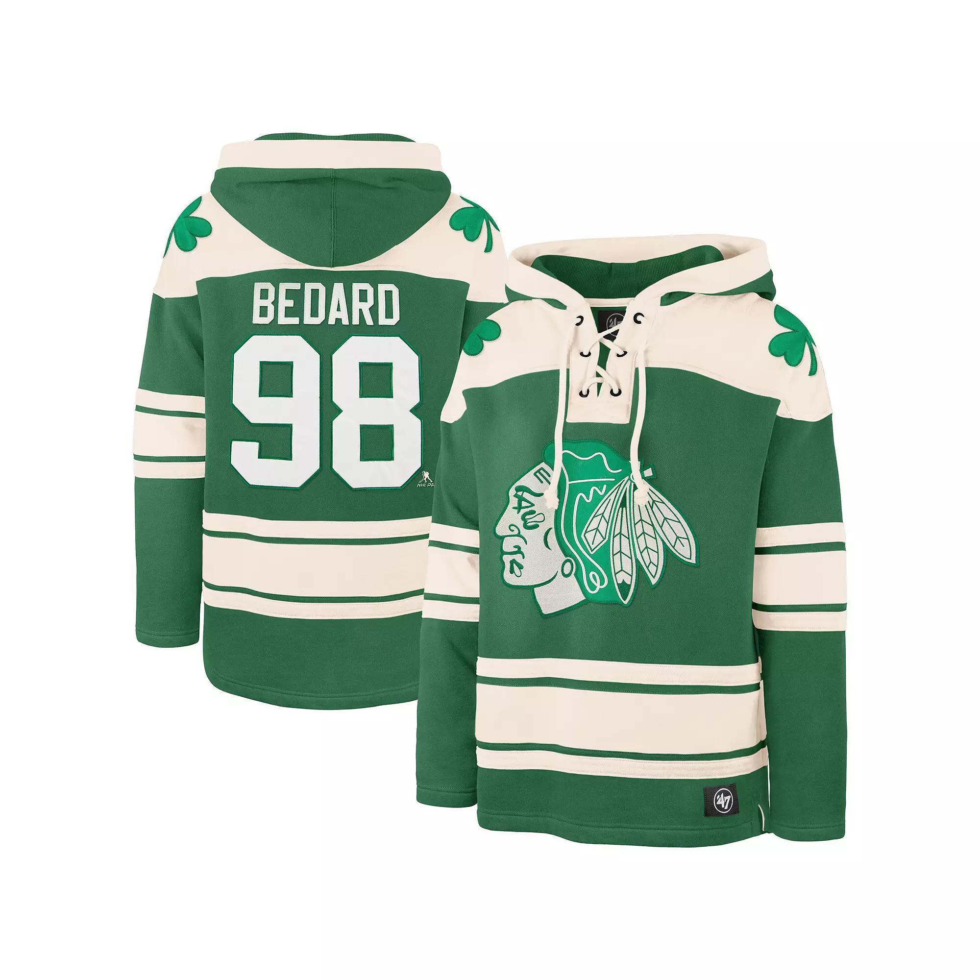Men's '47 Connor Bedard Kelly Green Chicago Blackhawks St. Patrick's Day Player Name & Number Lacer Pullover Hoodie, Size: Large Product Image