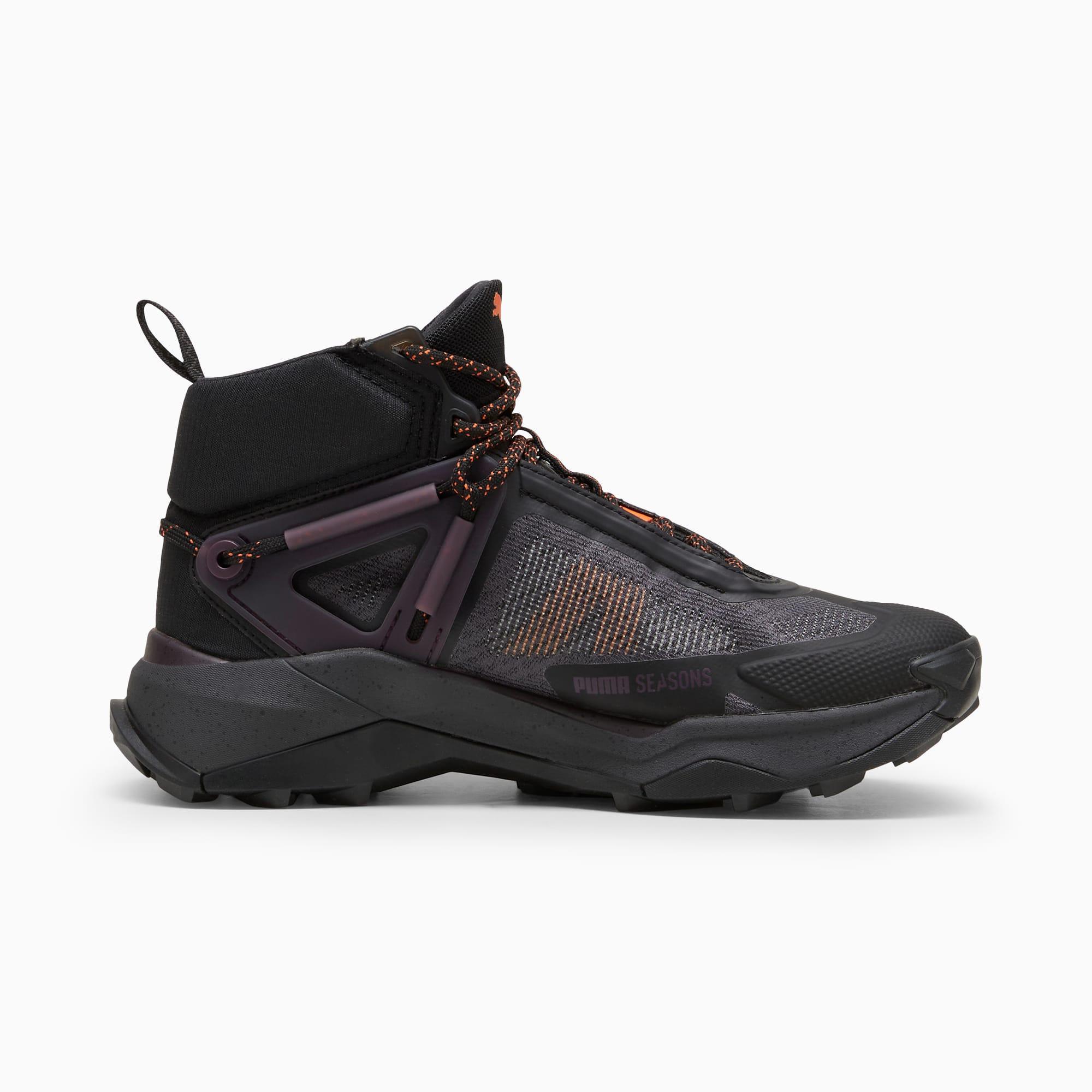 PUMA SEASONS Explore NITRO Mid GORE-TEX Womens Hiking Shoes in Black/Midnight Plum/Flame Flicker Product Image