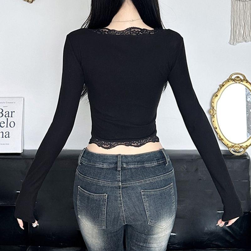 Long Sleeve V-Neck Lace-Trim Bow Accent Slim-Fit Crop Top Product Image