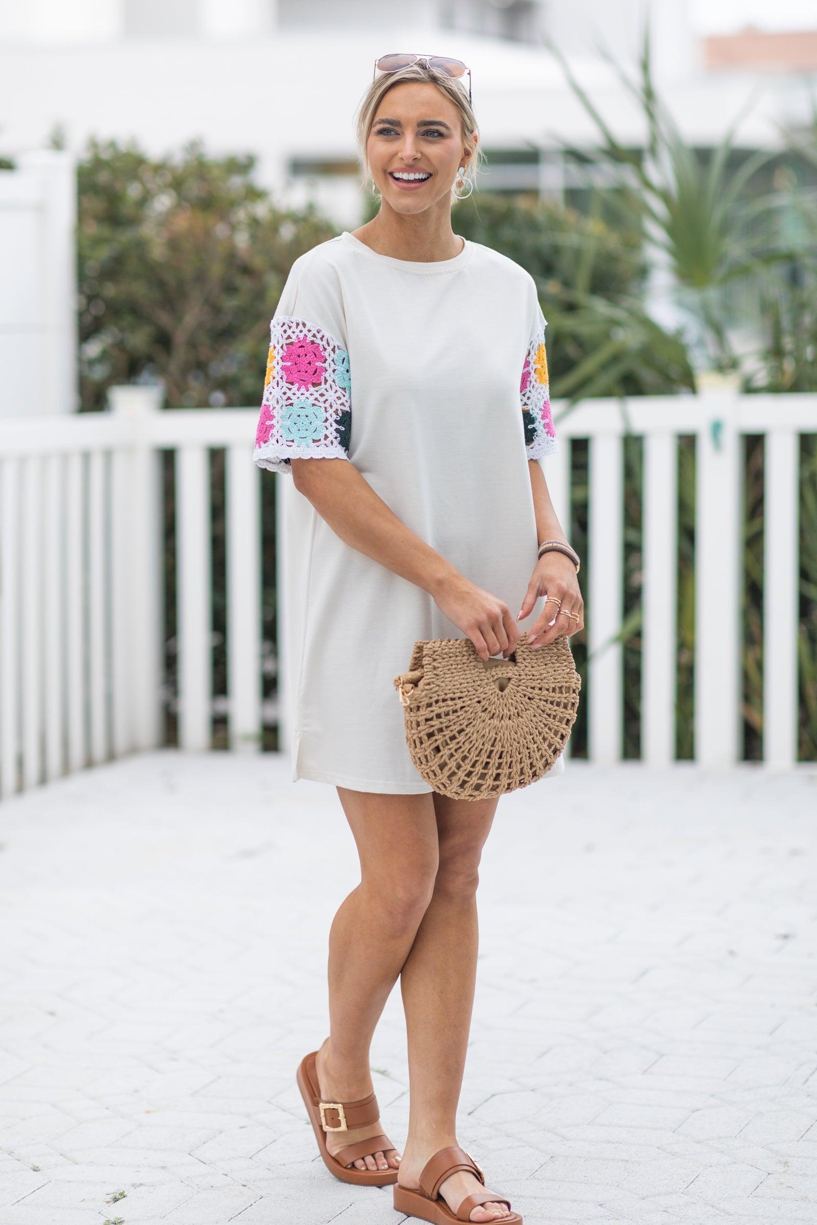 Ivory Floral Crochet Sleeve T-Shirt Dress Product Image