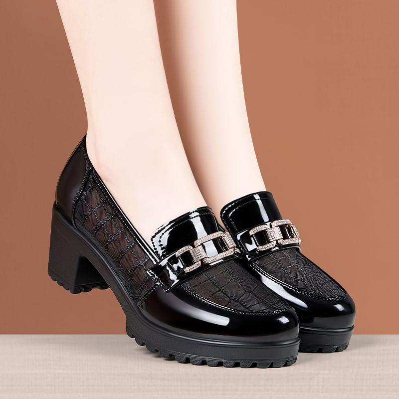 Platform Patent Leather Panel Mesh Block Heel Loafers Product Image