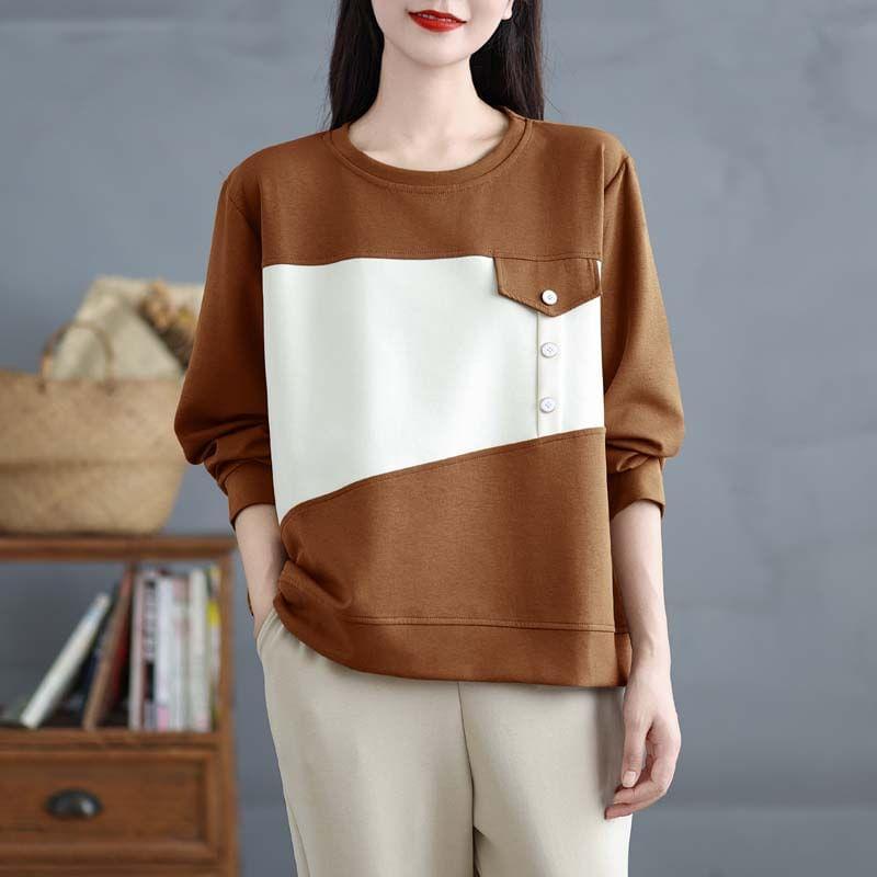 Long-Sleeve Crewneck Two Tone Asymmetrical Blouse Product Image