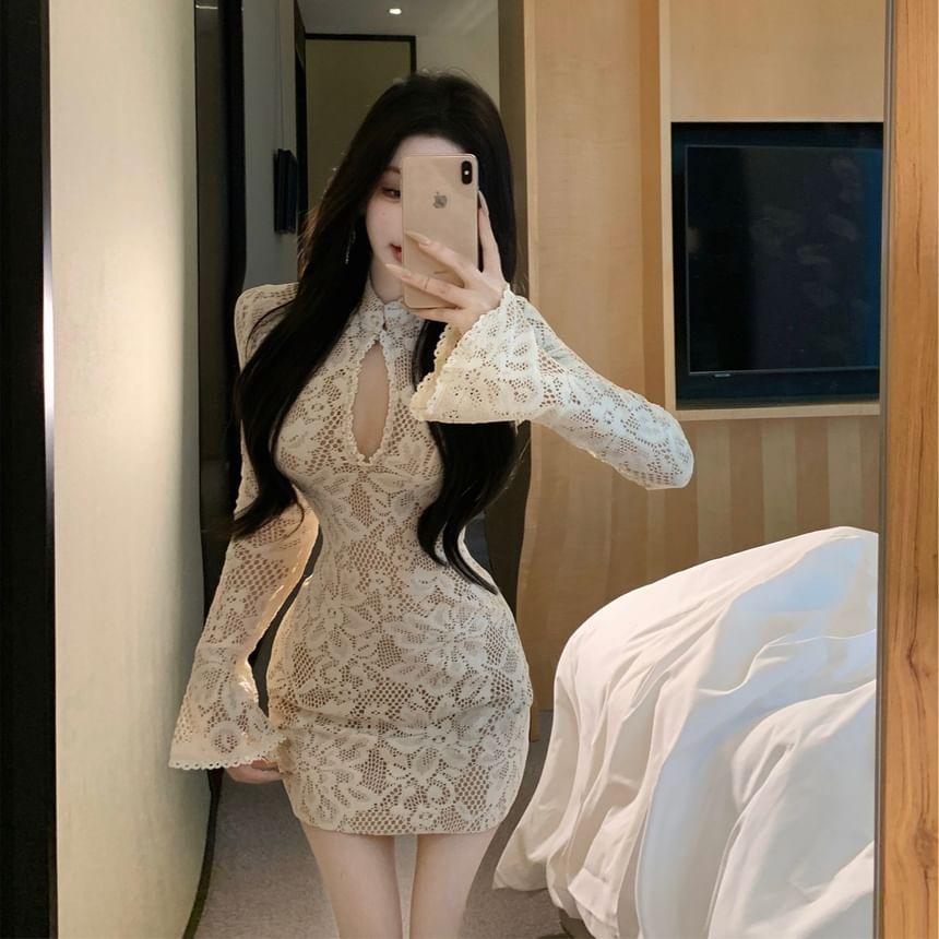 Long Sleeve Stand Collar Cutout Lace Bodycon Mini Dress Product Image