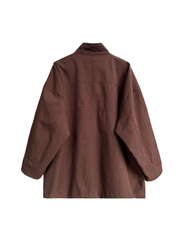 Long Sleeves Loose Pockets Solid Color Stand Collar Outerwear Trench Coats Product Image