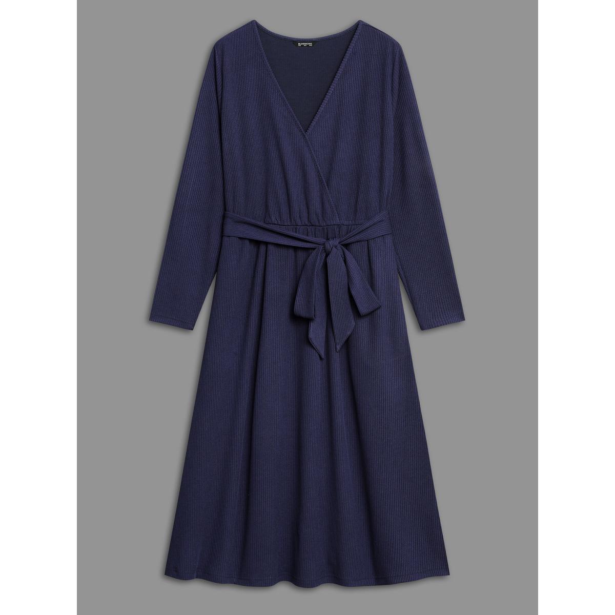 Plus Size Solid Overlap Collar Belted Knit Dress DarkBlue Women Casual Texture Knit Dresses Bloomchic 26/4X Product Image
