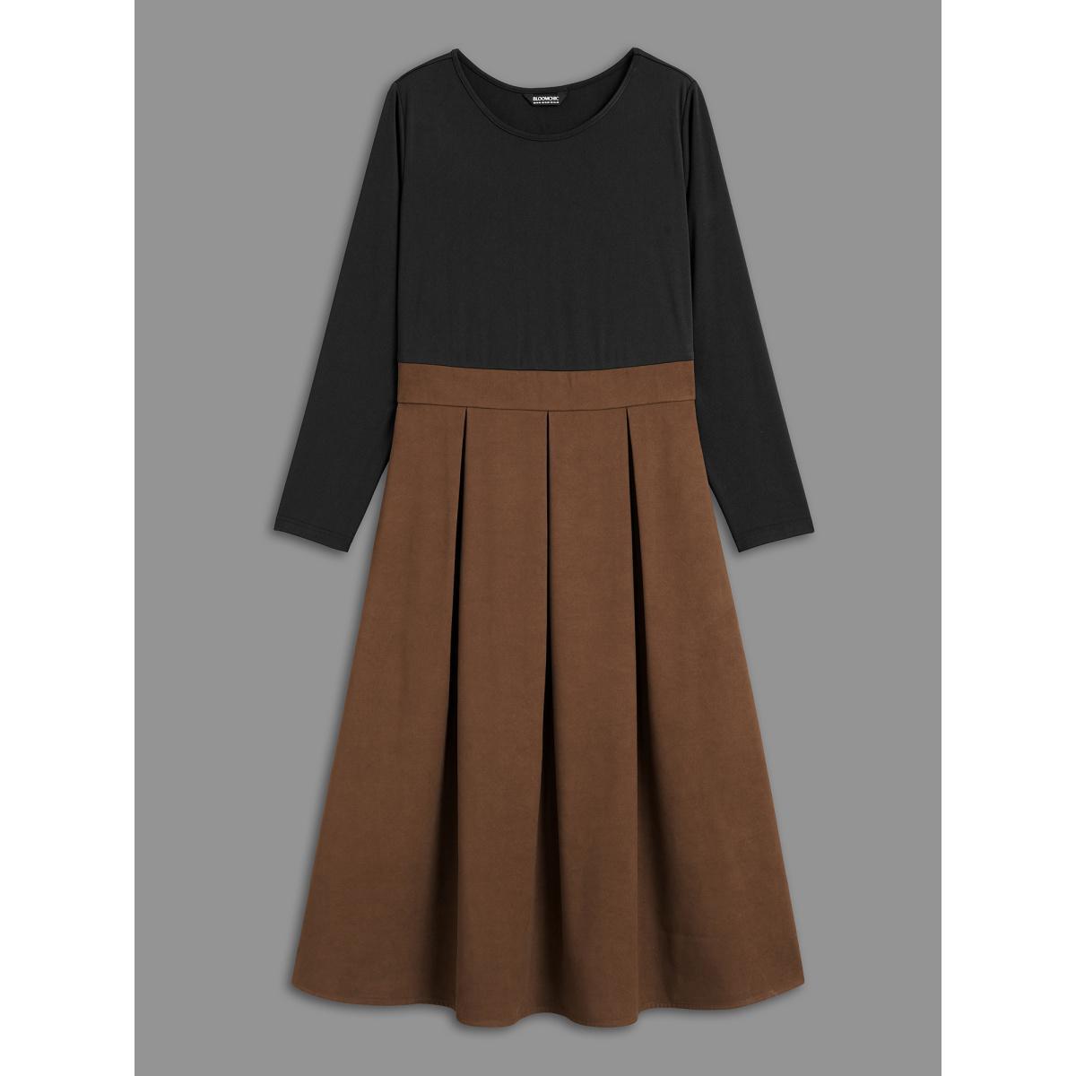 Plus Size Crew Neck Contrast Shirred Pleated Dress Browncoffeecolor Women Casual Contrast Round Neck Long Sleeve Curvy BloomChic 18-20/2X Product Image