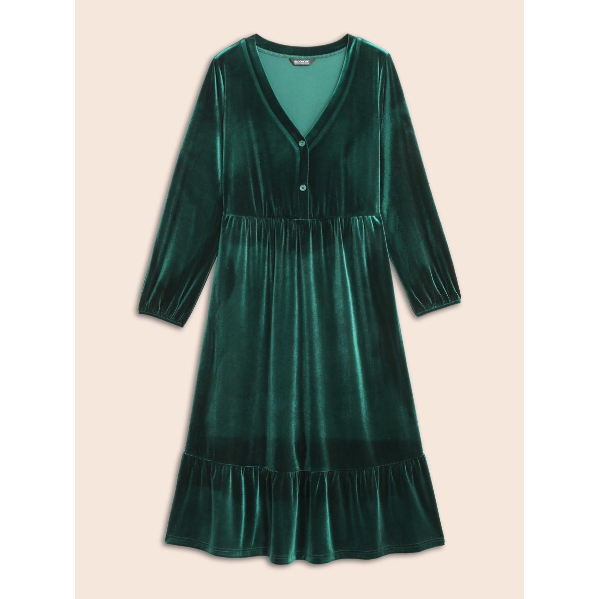 Plus Size Velvet Front Button Pleated Midi Dress DarkGreen Women Cocktail Texture V-neck Long Sleeve Curvy BloomChic 12/L Product Image