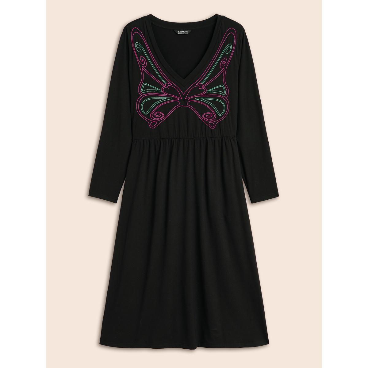 Plus Size Butterfly Embroidered V Neck Midi Dress Black Women Elegant Embroidered V-neck Long Sleeve Curvy BloomChic 28/5X Product Image