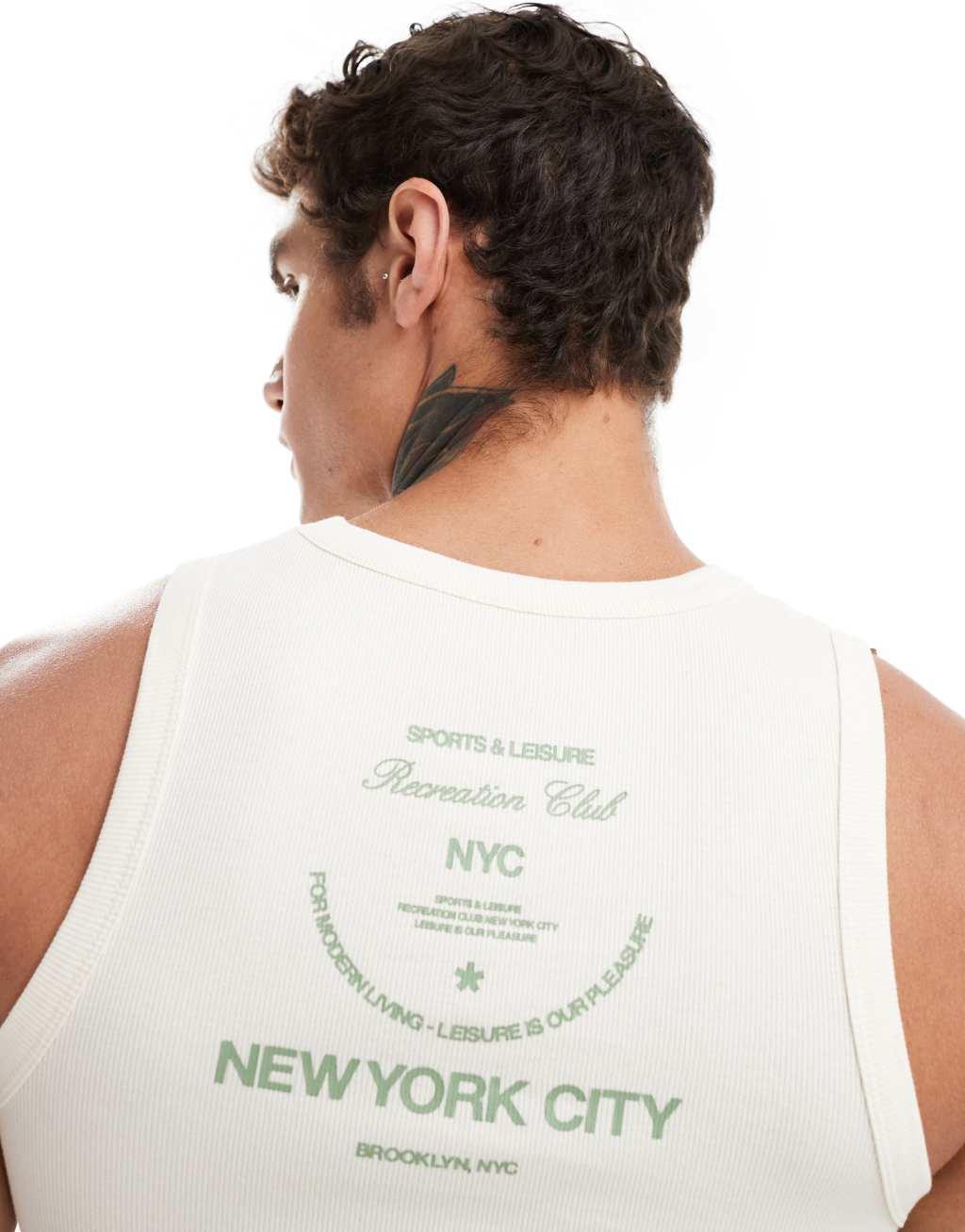 ASOS DESIGN ribbed tank top with NYC back print in off white Product Image