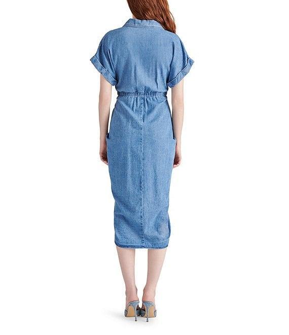 Steve Madden Chambray Point Collar Button Down Tie-Front Short Sleeve Dress Product Image