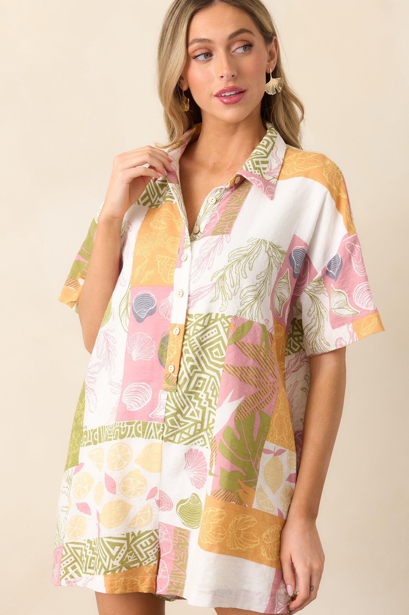 Off For The Day Ivory Patchwork Print Button Front Romper Product Image