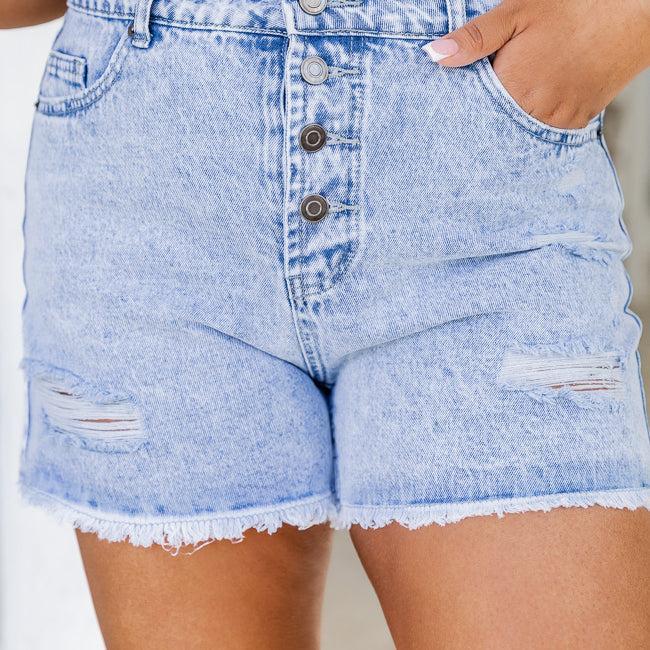 Off On The Town Button-Fly Distressed Light Wash Shorts FINAL SALE Product Image