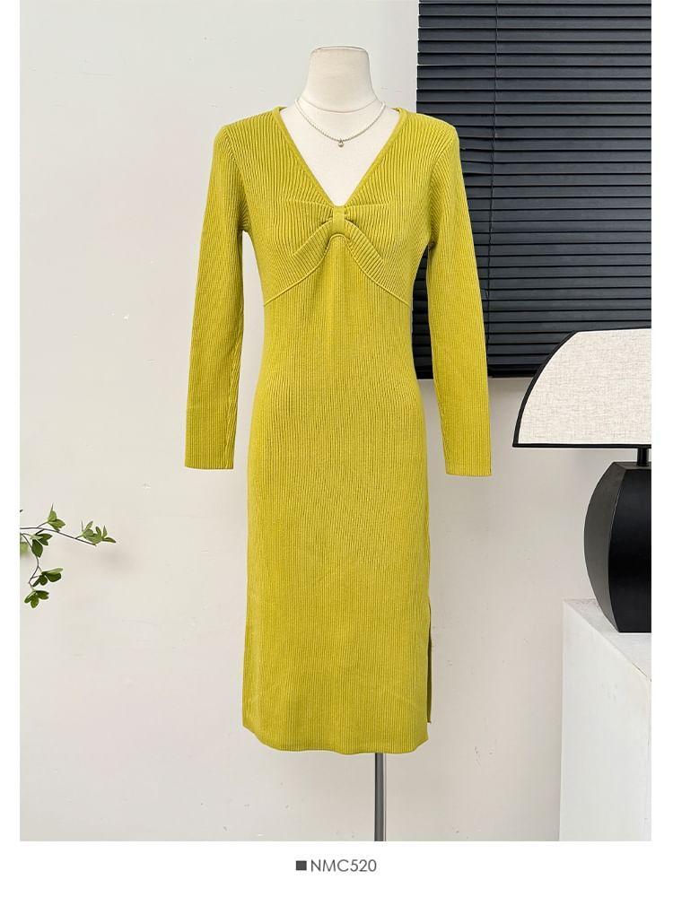 Twist-Front V-Neck Ribbed Midi Dress Product Image