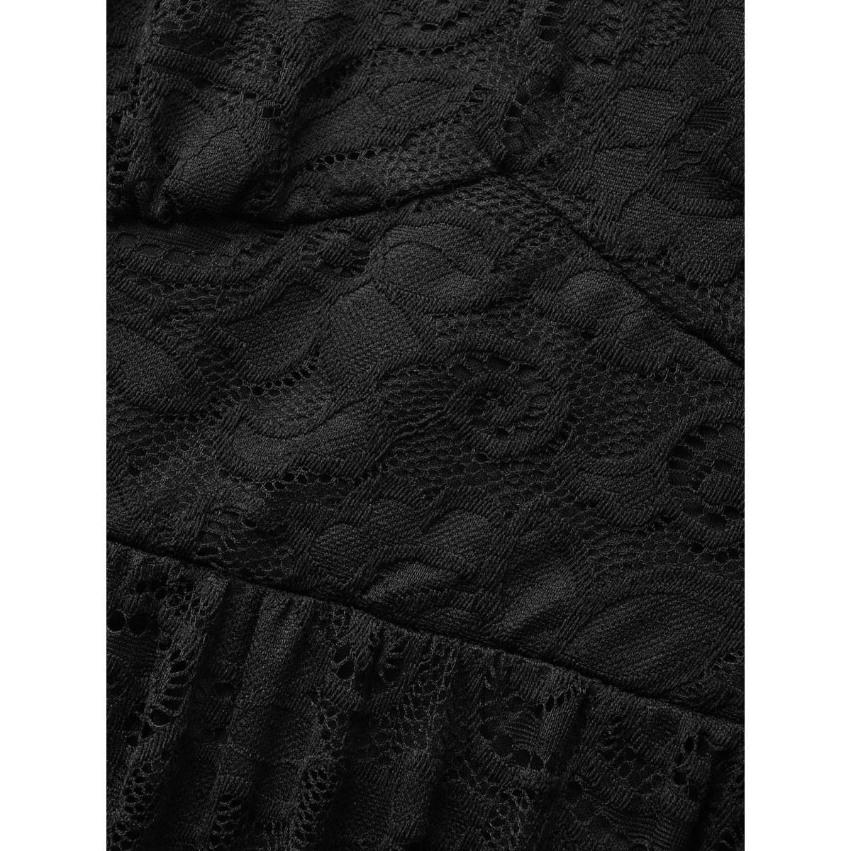 Plus Size Heart Neckline Crochet Lace Mesh Flutter Sleeve Dress Black Women Elegant Woven ribbon&lace trim Heart neckline Cap Sleeve Curvy BloomChic 14-16/1X Product Image