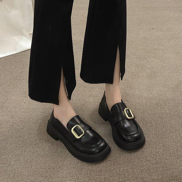 Platform Plain Buckled Faux Leather Loafers Product Image