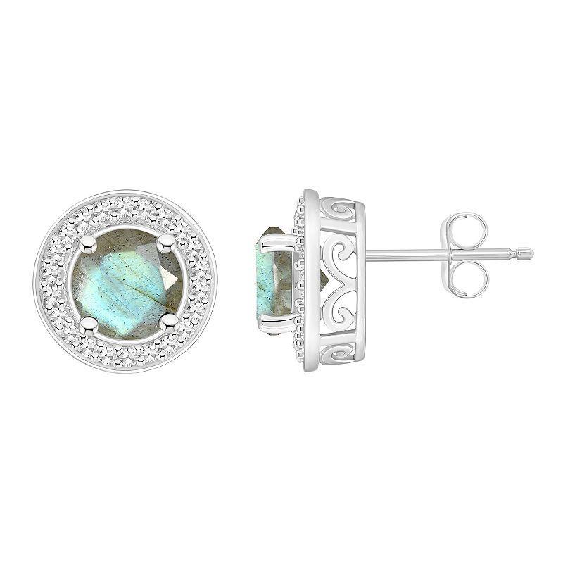 Celebration Gems Sterling Silver Round Gemstone & 1/5 Carat T.W. Diamond Halo Stud Earrings, Womens, Turquoise Product Image