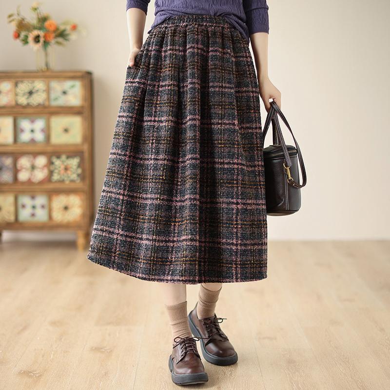 High Waist Plaid Midi A-Line Skirt Product Image