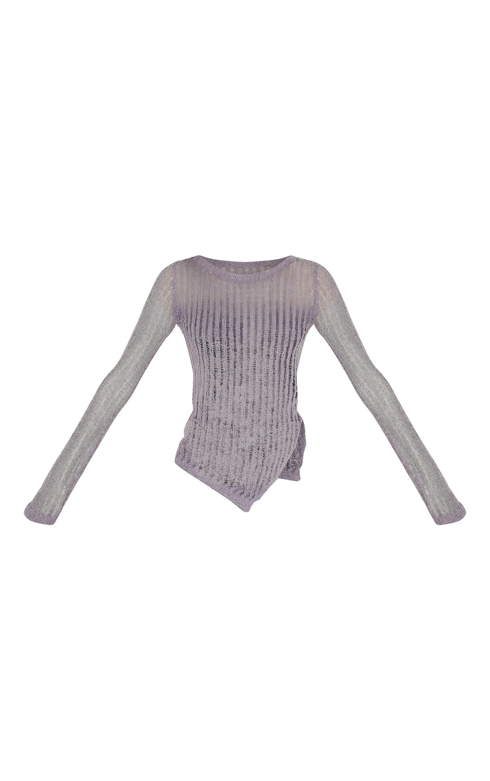 Charcoal Ladder Knit Sheer Asymmetric Hem Top Product Image