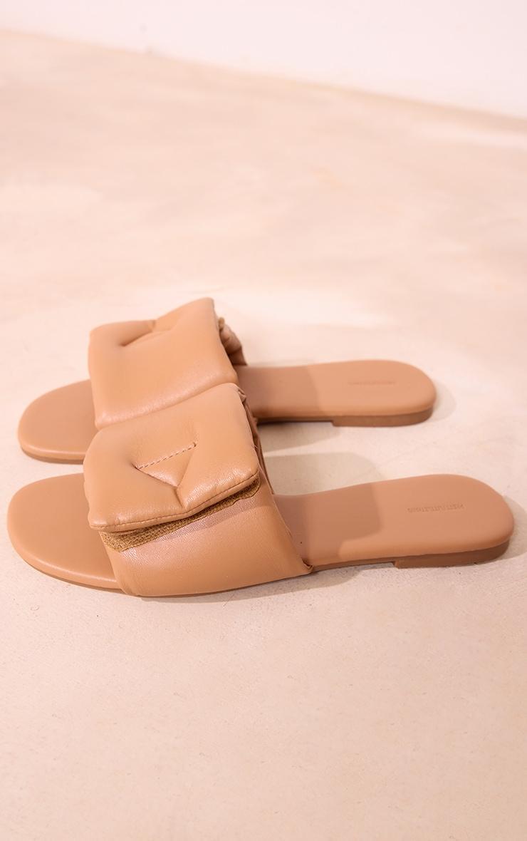 Taupe PU Round Toe Padded Velcro Strap Slider Flat Sandals Product Image