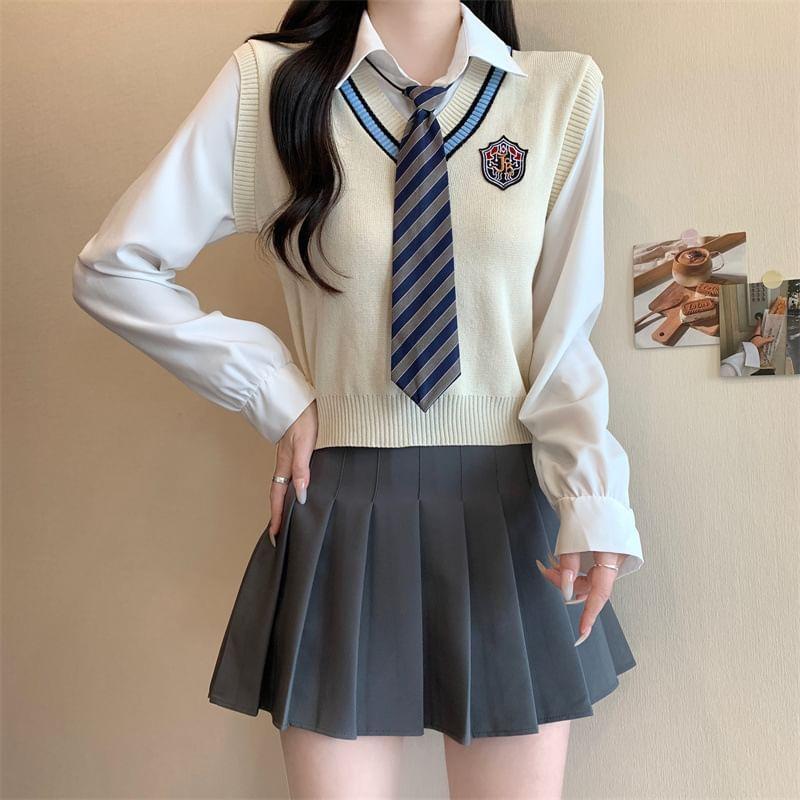 Set: Mock Two-Piece Long-Sleeve Logo Applique Knit Panel Shirt + Striped Necktie Product Image