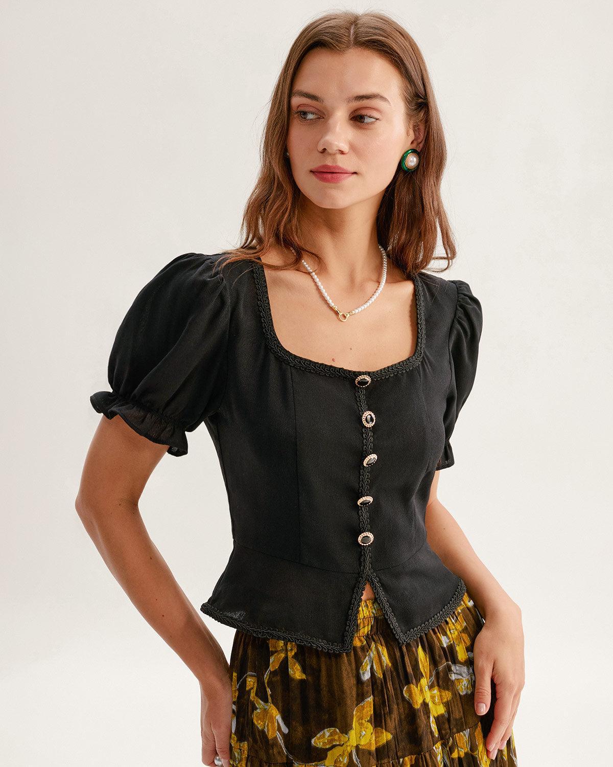 Black Square Neck Shirred Button Blouse Product Image