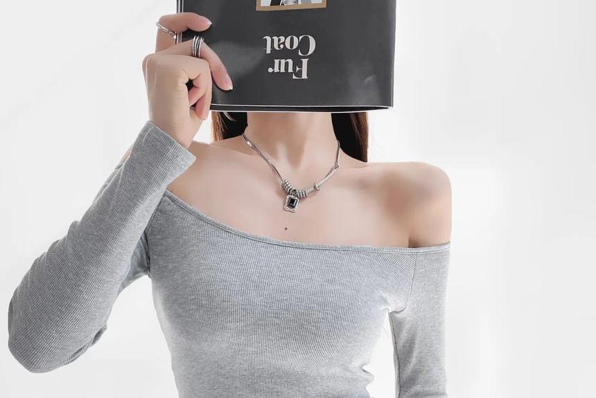 Long-Sleeve Off Shoulder Plain Crop Top Product Image