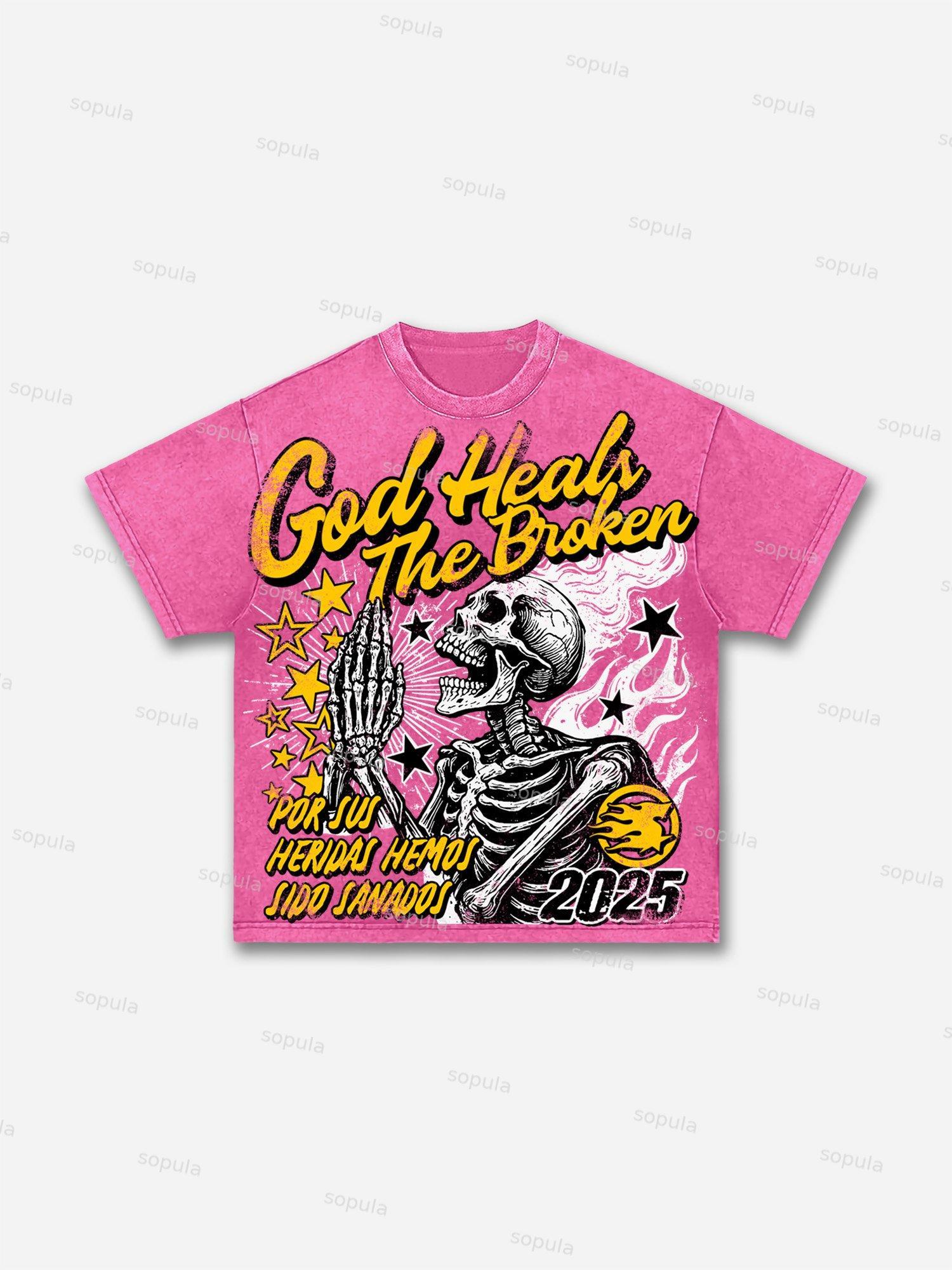 God Heals The Broken Vintage Graphic Acid Wash T-shirt Product Image