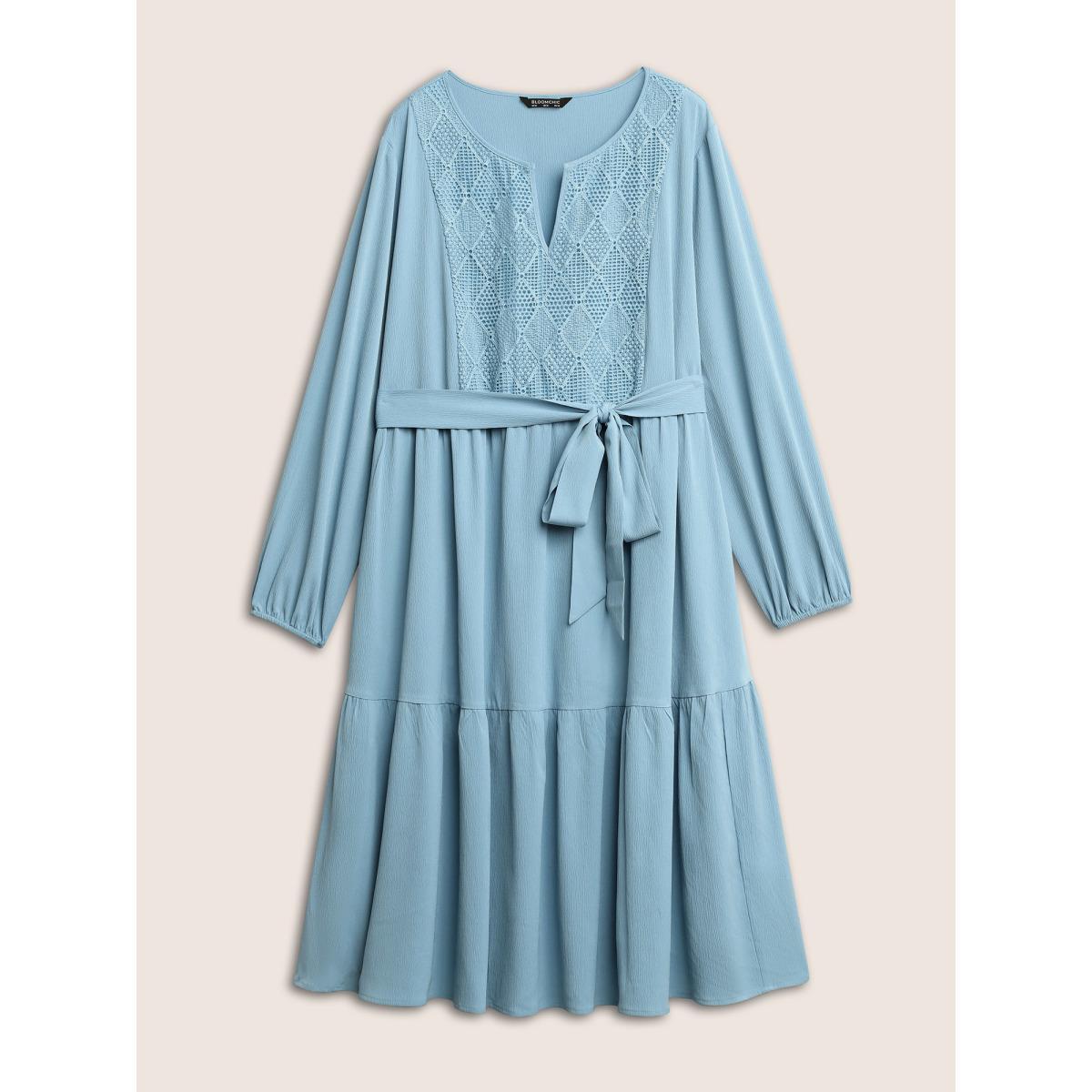 Plus Size Geometric Hollow Out Notched Ruffle Layered Hem Dress LightBlue Women Elegant Broderie anglaise Round Neck Long Sleeve Curvy Midi Dress BloomChic 30/6X Product Image