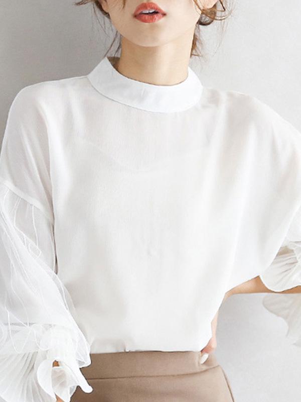Simple Solid Color Puff Sleeve Mesh Splicing Chiffon Shirt Product Image