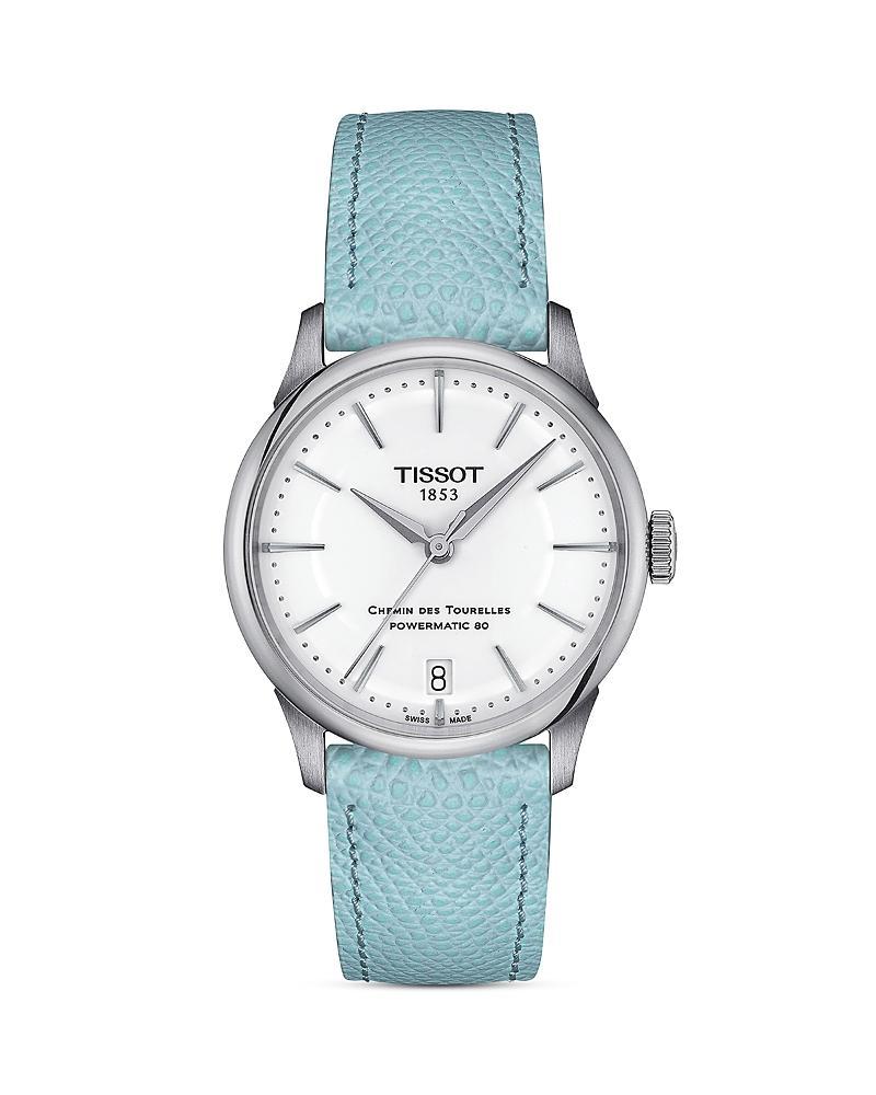 Tissot Womens Chemin Des Tourelles Powermatic 80 Automatic Light Blue Leather Strap Watch Product Image