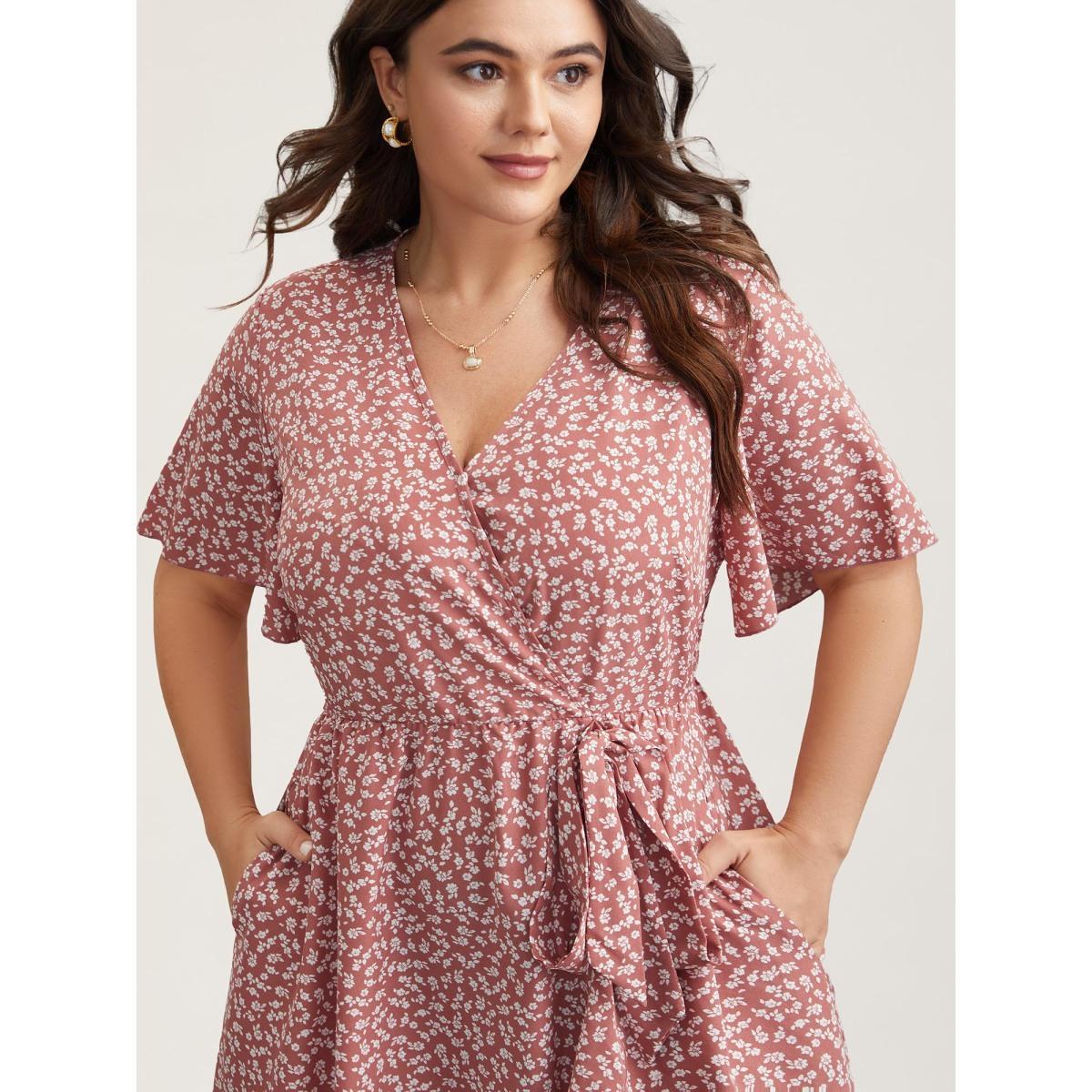 Plus Size Ditsy Floral Print Stretchy-Waist Ruffle Midi Dress DustyPink Women Elegant Overlapping Overlap Collar Short sleeve Curvy BloomChic 26/4X Product Image