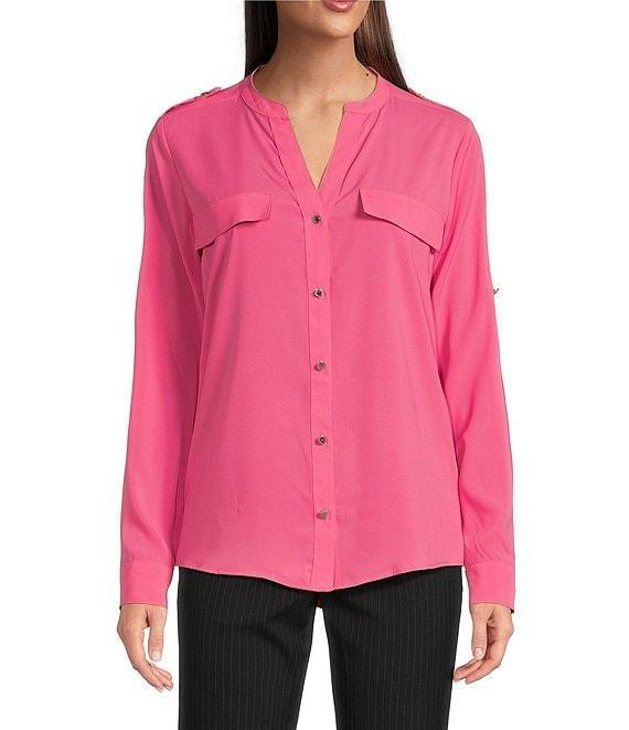 Calvin Klein Crew Neck Roll Sleeve Button Front Blouse Product Image