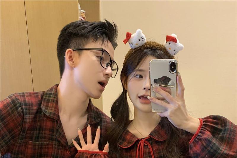 Couple Matching Long-Sleeve Plaid Pajama Shirt / Pants / Lace Trim Bow Shirt / Set Product Image