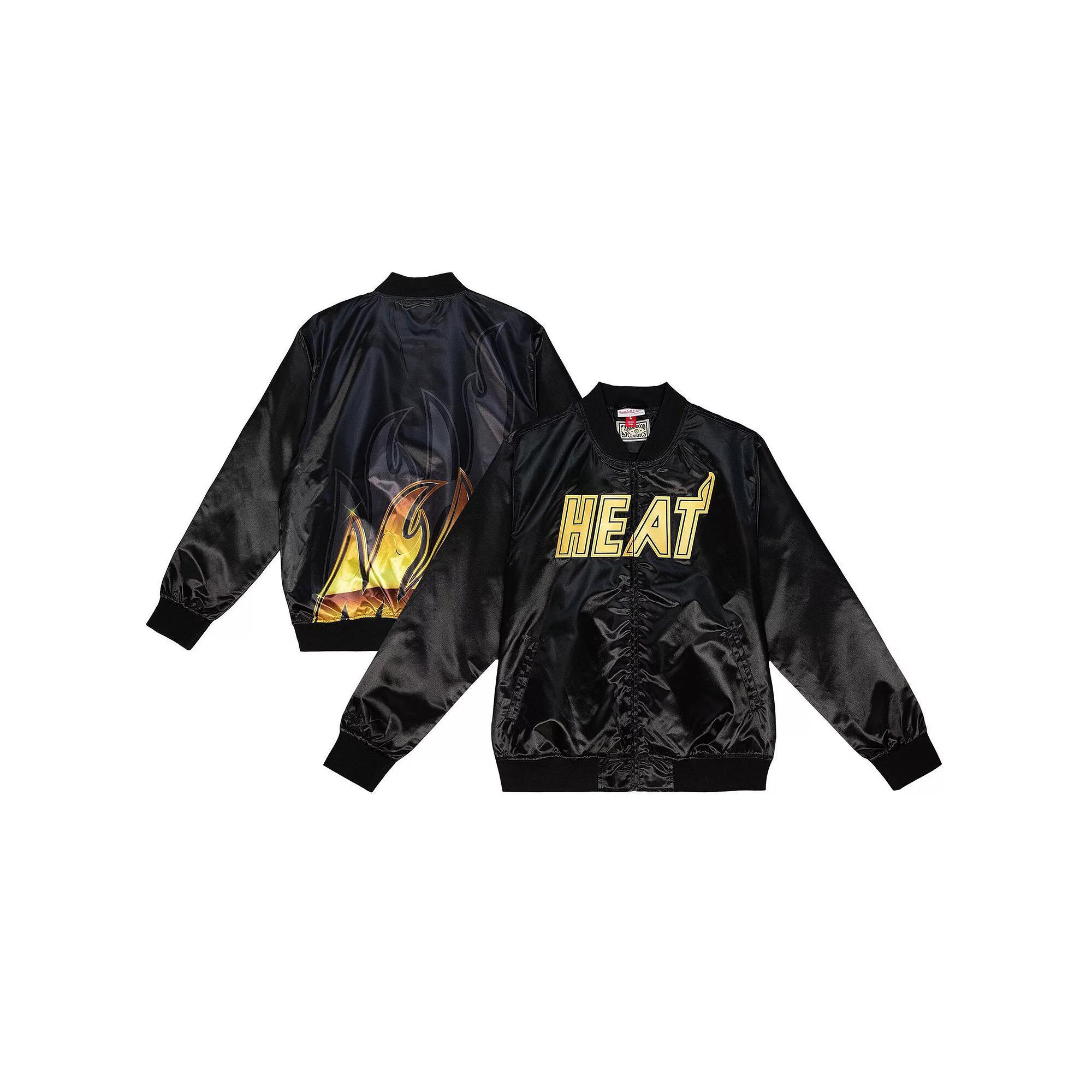 Men's Mitchell & Ness  Black Miami Heat Hardwood Classics Big Face 4.0 Satin Full-Snap Jacket, Size: 2XL Product Image