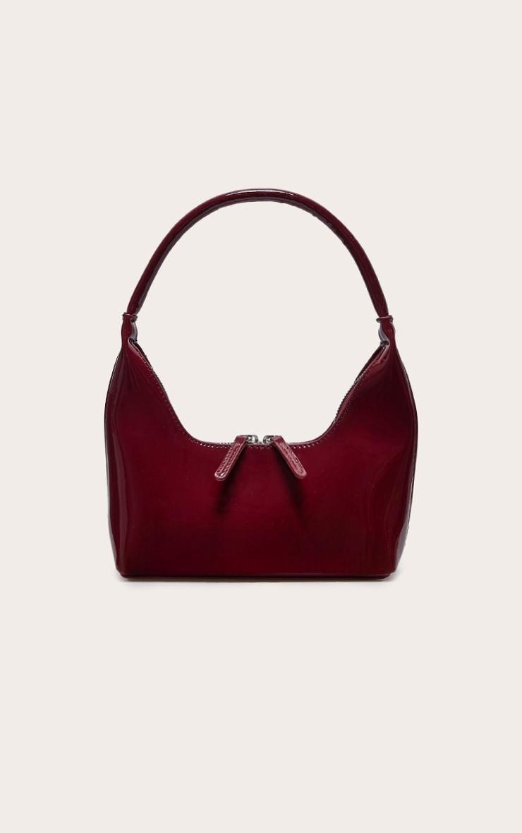 Burgundy Patent Simple Structured Double Zip Shoulder Bag Product Image