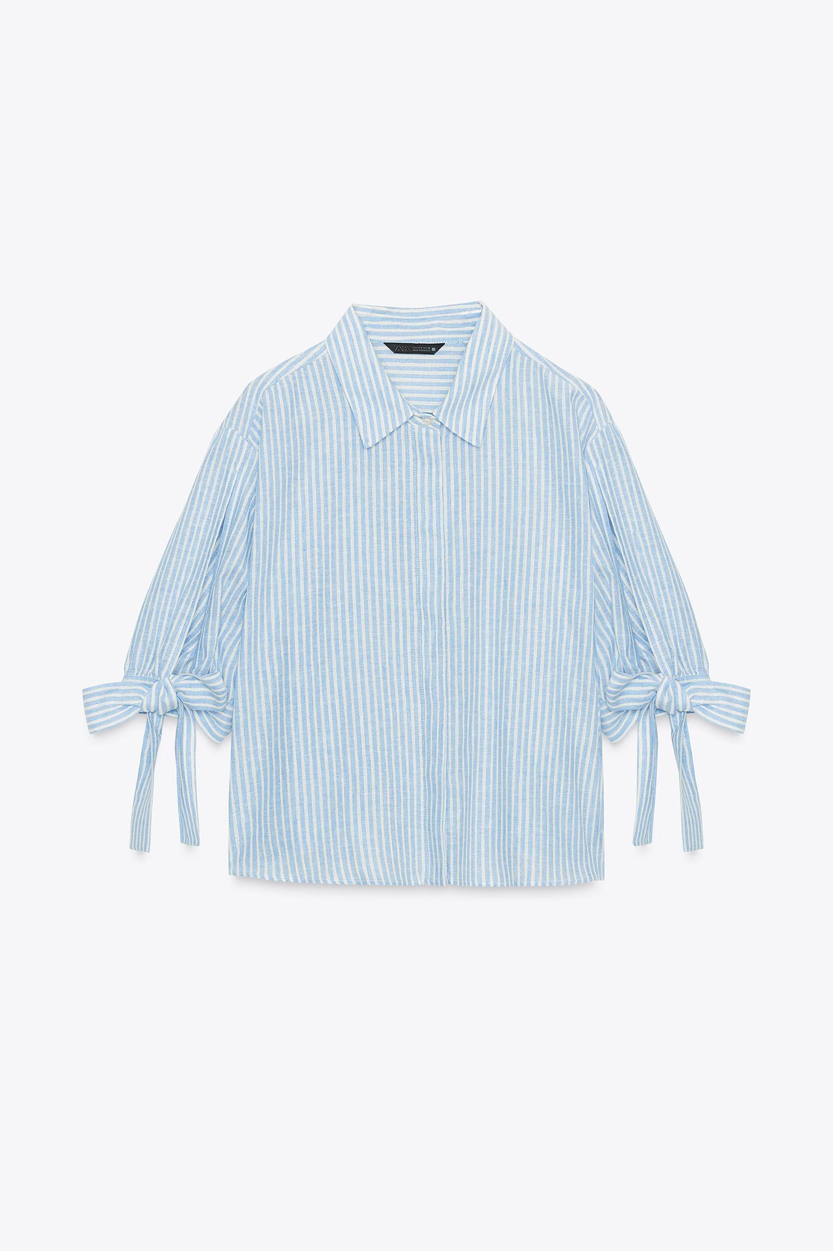 STRIPED LINEN BOW SHIRT Product Image