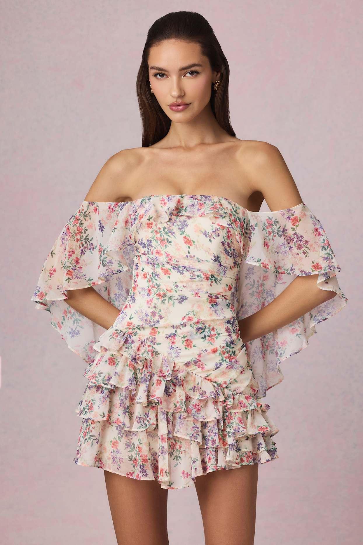 Off-Shoulder Ruffled Mini Dress in Primrose Floral Print Product Image