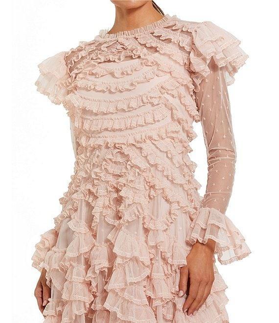 Mac Duggal Crew Neck Illusion Long Sleeve Dotted Mesh Micro Ruffle A-line Midi Dress Product Image