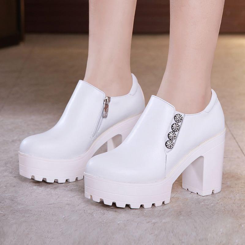 Platform Rhinestone Button Zip Block Heel Pumps Product Image