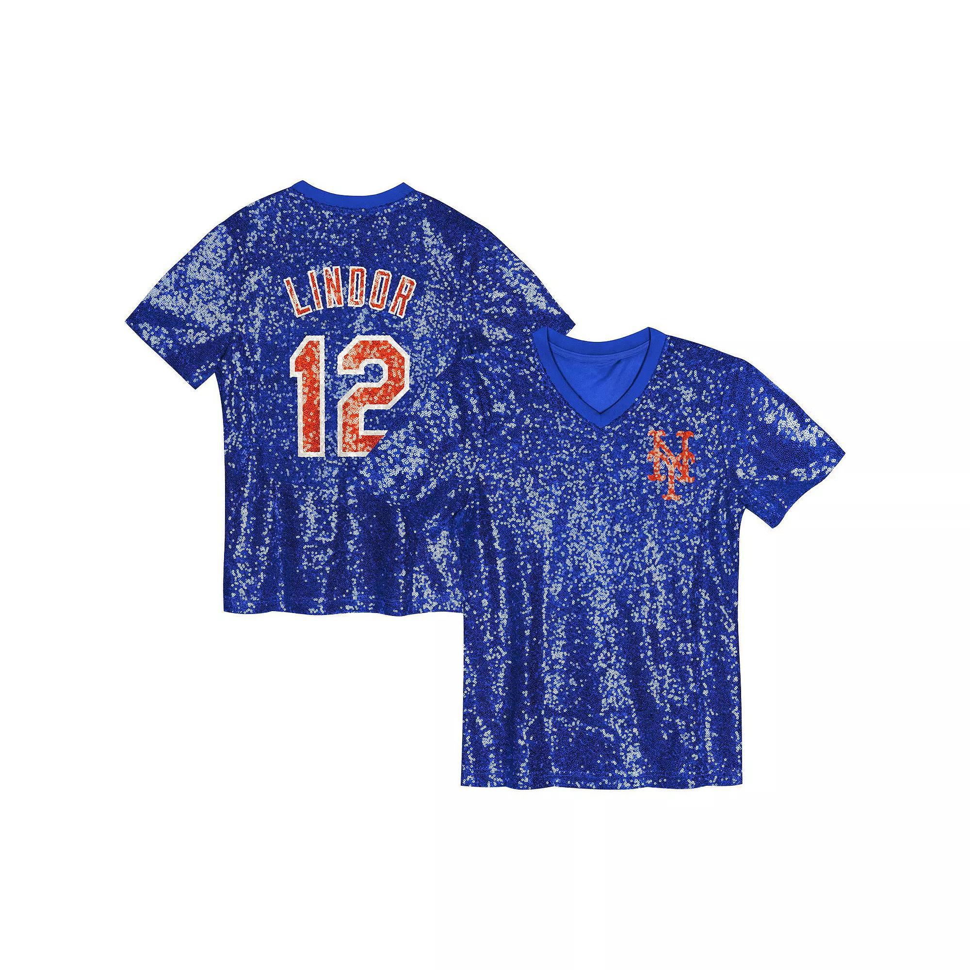 Juniors Francisco Lindor Royal New York Mets Name & Number Sequin V-Neck Top, Women's, Size: JR Medium, Blue Product Image