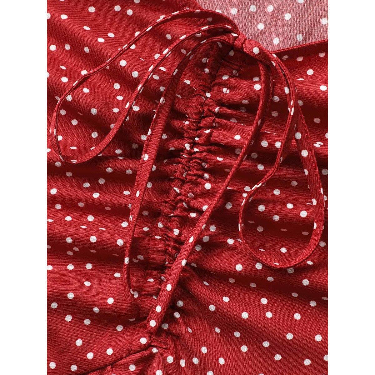 Plus Size Polka Dot Drawstring Ruffle Layered Hem Dress Brightred Women Elegant Tie knot Non Sleeveless Curvy BloomChic 18-20/2X Product Image