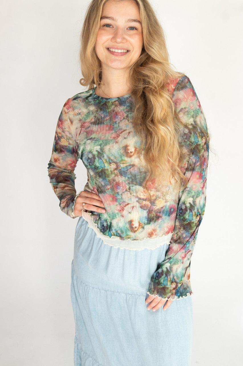 Long Sleeve Double Layer Printed Mesh Top Product Image